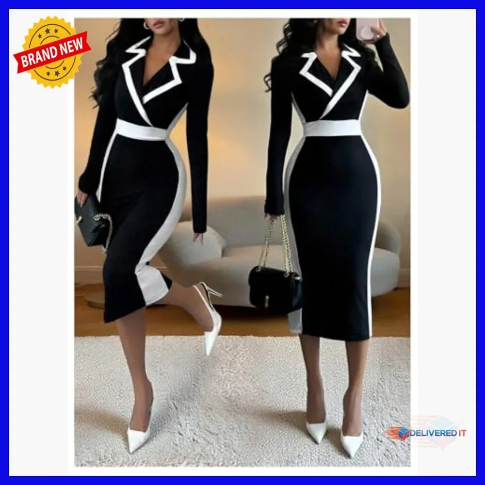Long Sleeve Midi Bodycon Dress Work Formal Polyester Blend Stretch